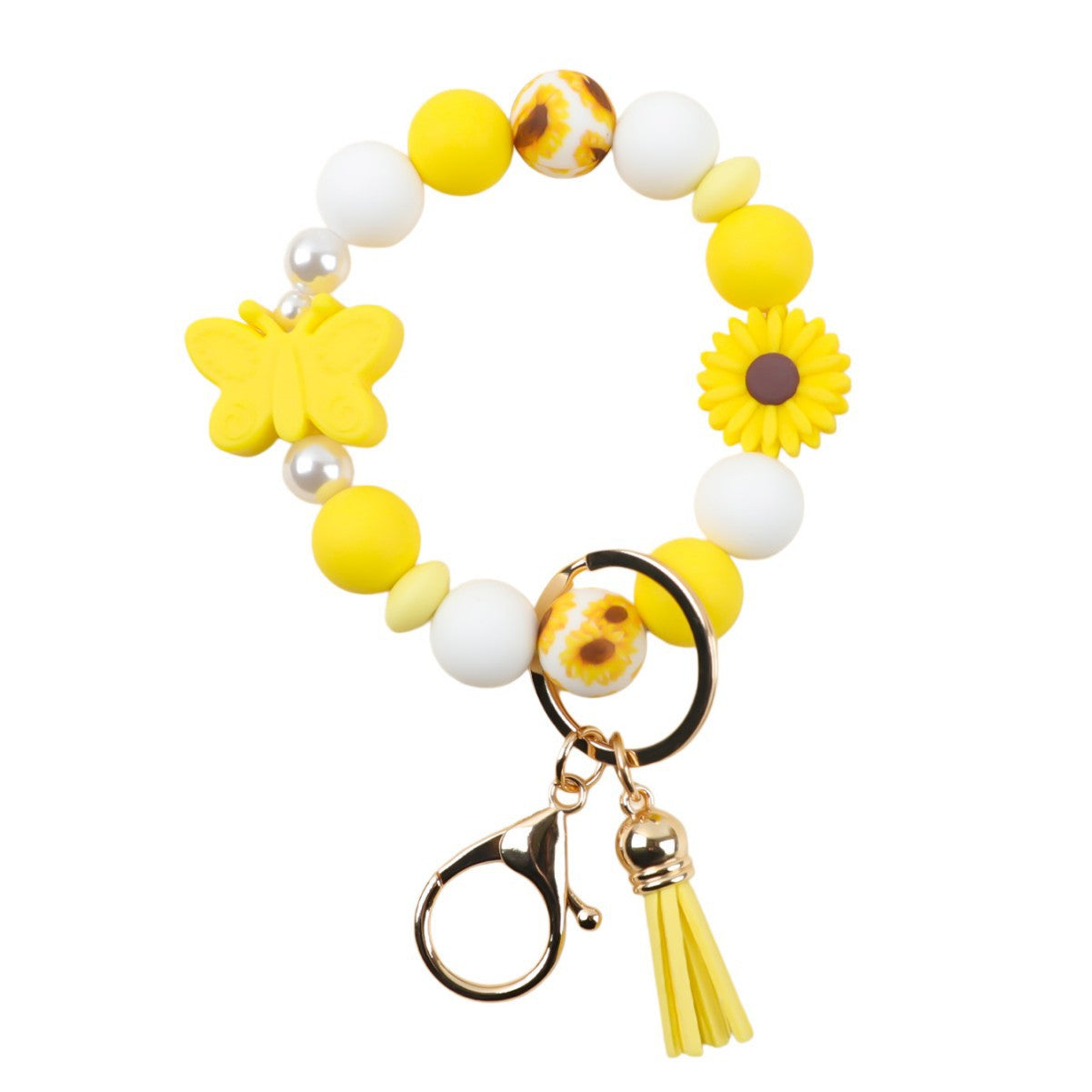 Wholesale  silicone printed wooden bead keychain bracelet key pendant