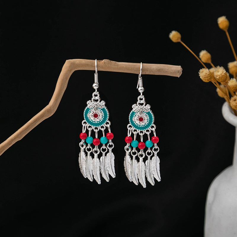 Wholesale Ethnic Style Long Style Feather Tassel Alloy Earrings