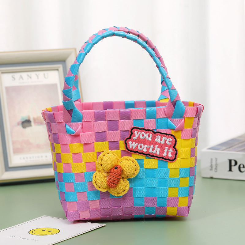 Wholesale Children's flower cute summer beach colorful literary hand-woven handbag