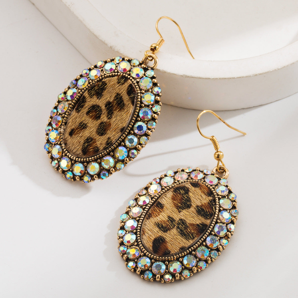 Wholesale white turquoise earrings retro exaggerated rhinestone leopard leather earrings