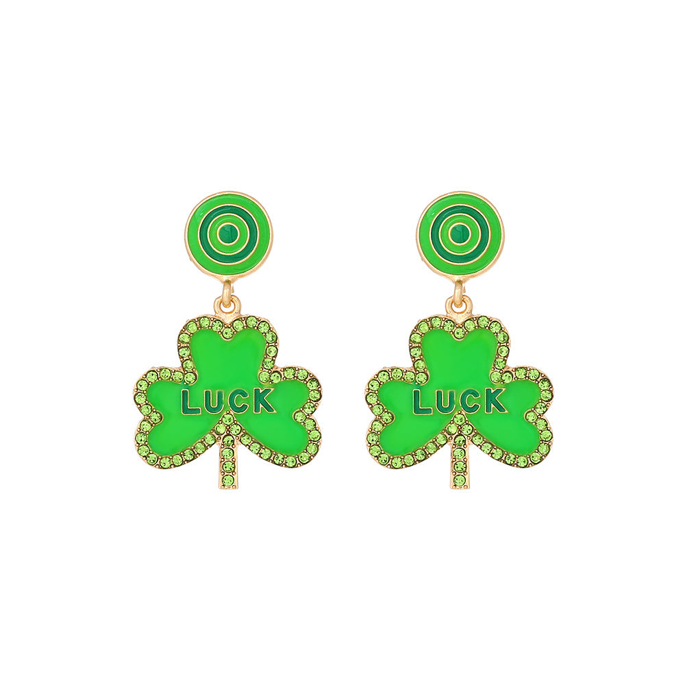 Wholesale St. Patrick's Four-leaf Clover Alloy Oil-drip Diamond LUCK Earrings