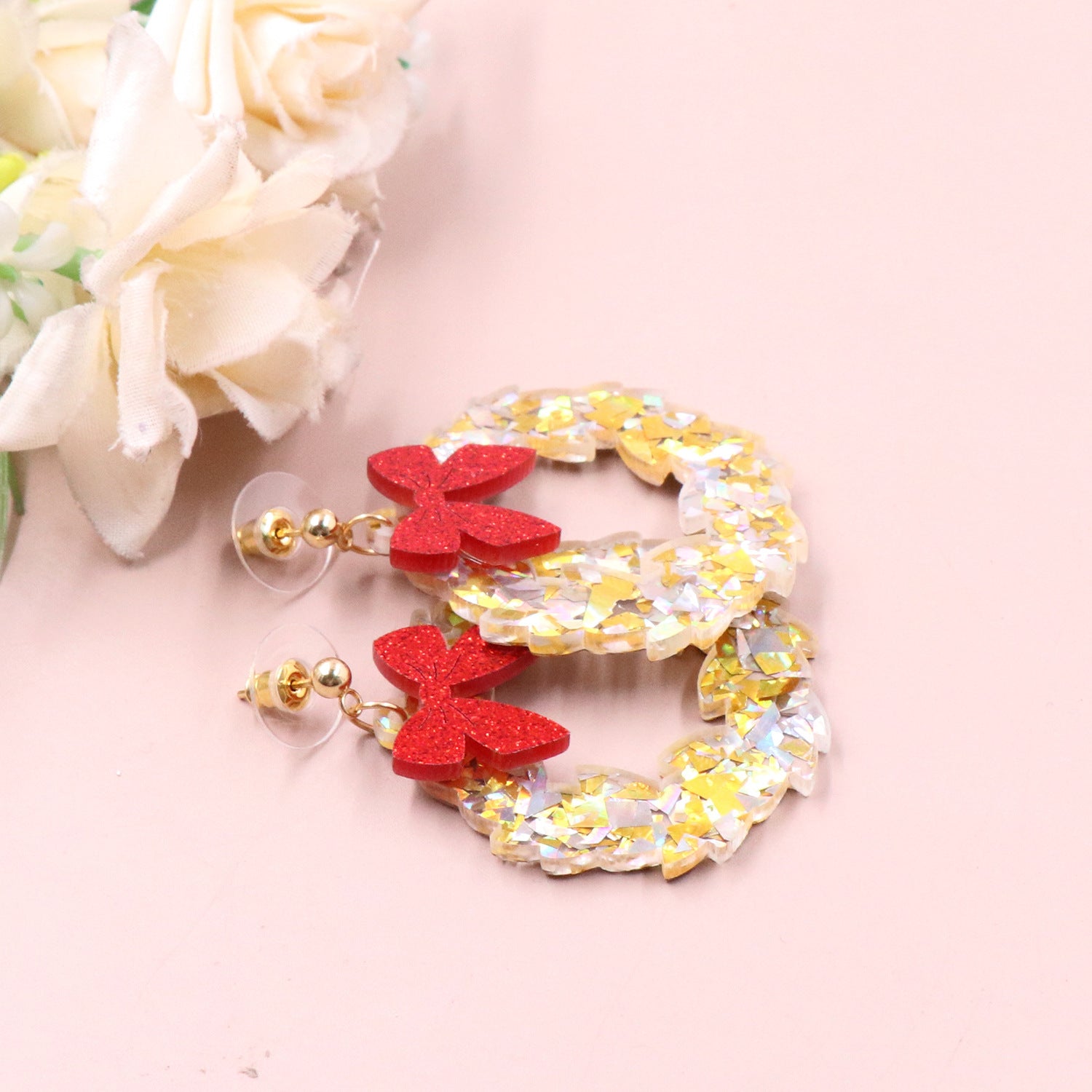 Wholesale Bowknot Pendant Wreath Gold Christmas Acrylic Earrings