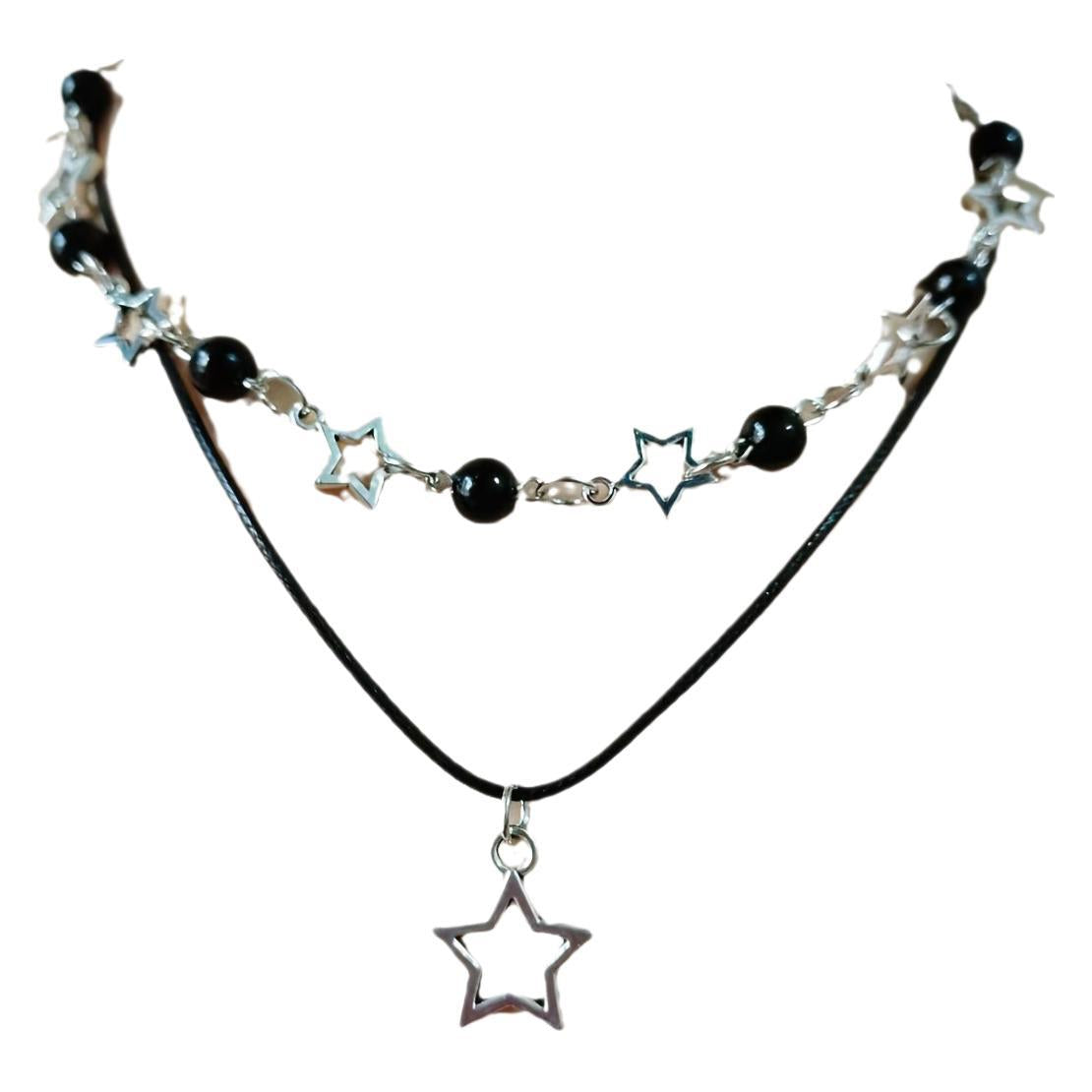 Wholesale Bohemian punk black round bead five-pointed star necklace