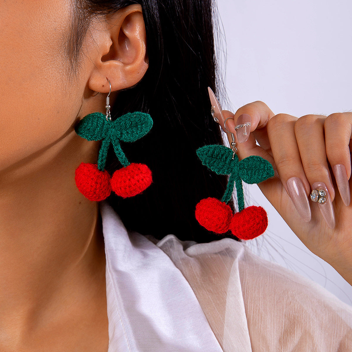 Wholesale Wool Woven Red Cherry  Water Simulation Fruit Earrings