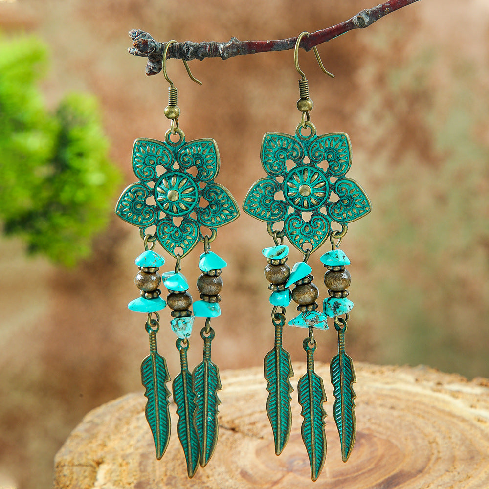 Wholesale Stylish Bohemian Hollow Out Alloy Earrings Retro Geometric Leaves Design Drop Earrings For Women Trendy Fashion Jewelry Accessory