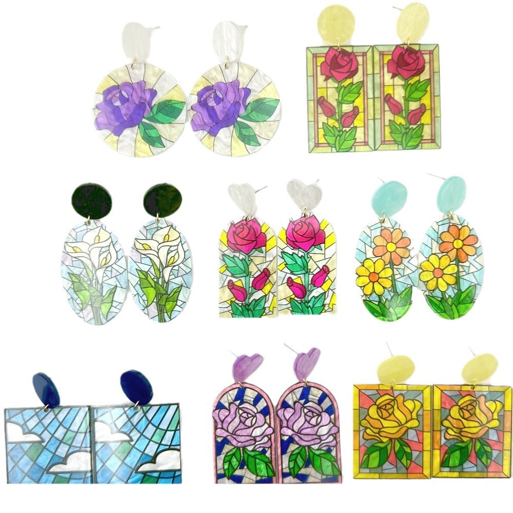 Volesar Floral Acrylic Hand Painted Oil Stud Earrings