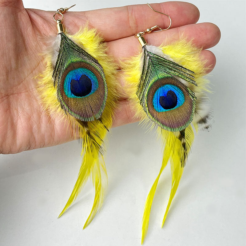 Wholesale Feather Purple Yellow Green Peacock Feather Wild Atmosphere Earrings