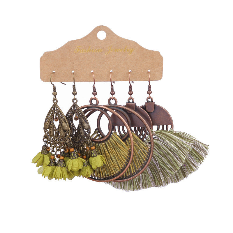Wholesale Vintage Distressed Geometric Tassel Flower Earrings Set