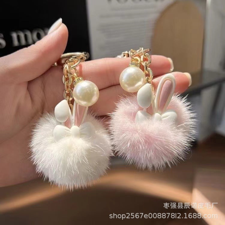 Wholesale Pink and white cute furball rabbit keychain