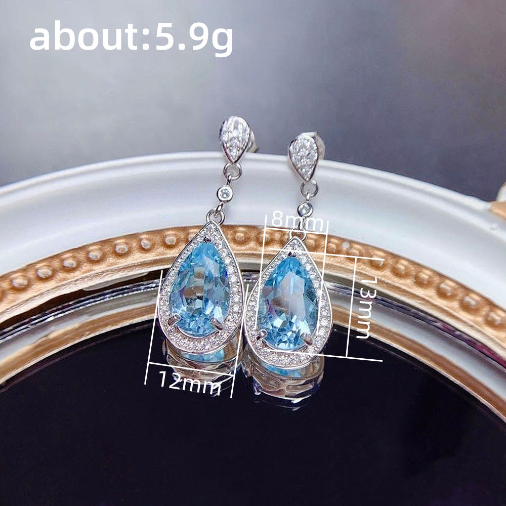 Wholesale Colored Treasure Drop Sea Blue Zircon Long Earrings
