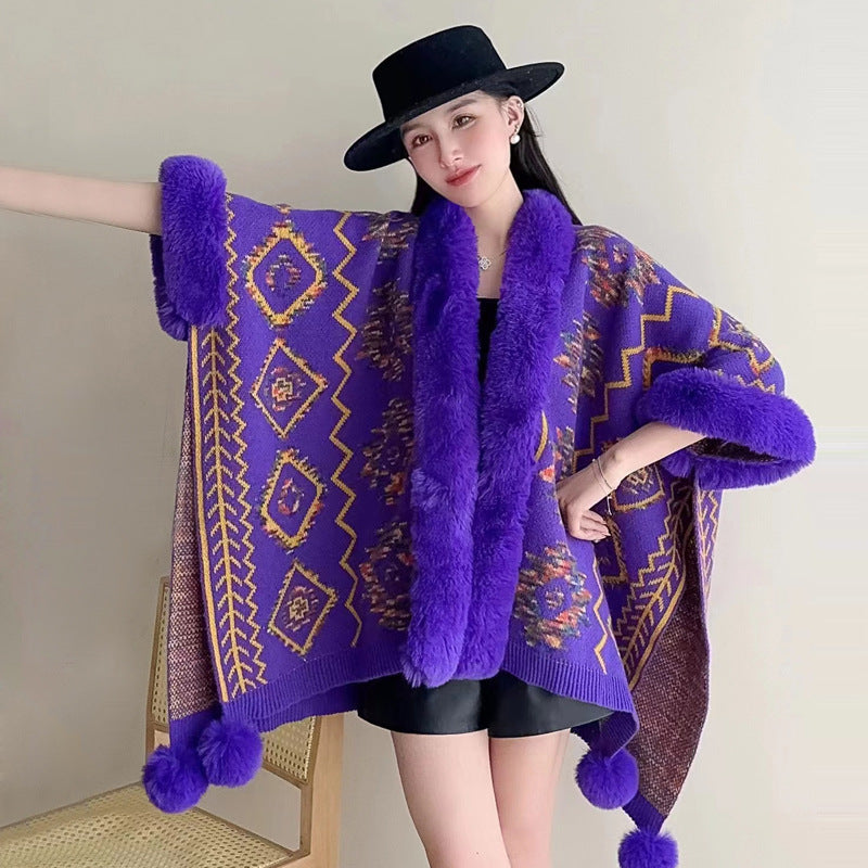 Wholesale Western Style Aztec Fur Ball Shawl Polyester Silk Cape Cape Cardigan Jacket