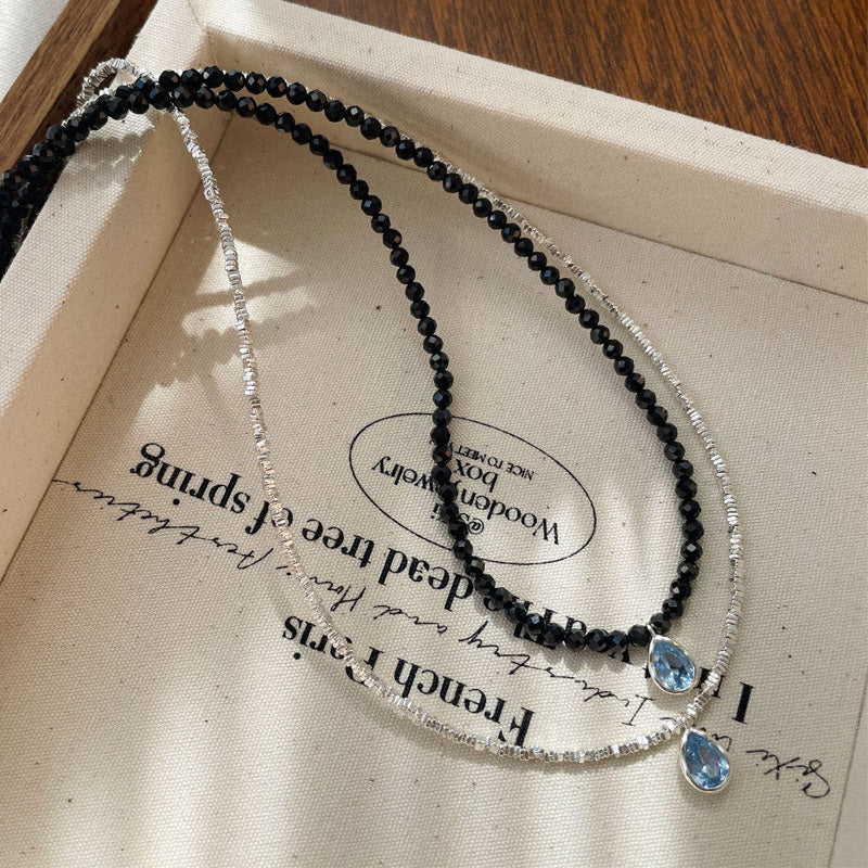 Wholesale S925 Sterling Silver Black Spinel Blue Zircon Necklace