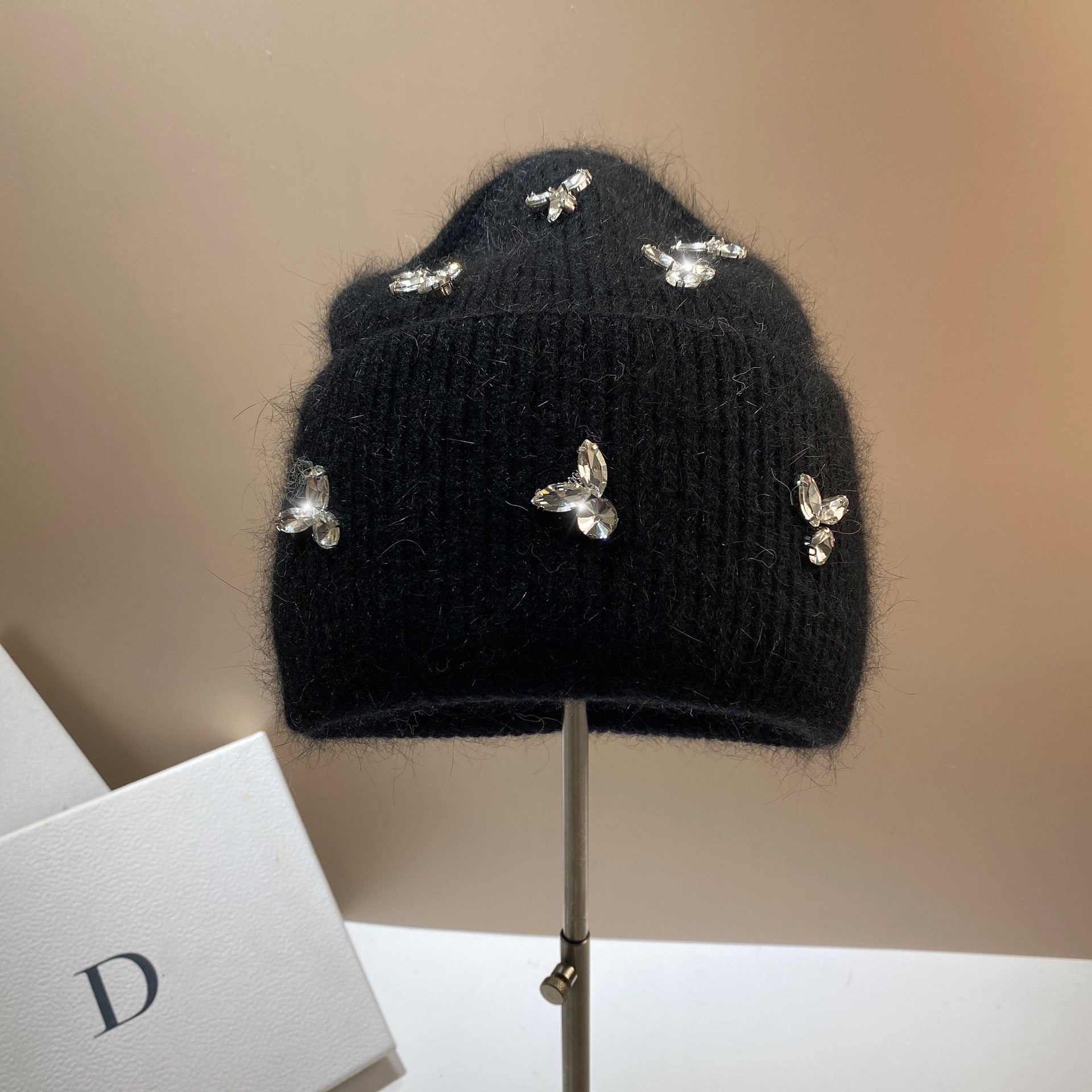 Wholesale Fashion Warm Rhinestone Rabbit Fur Double Folding Knitted Hat