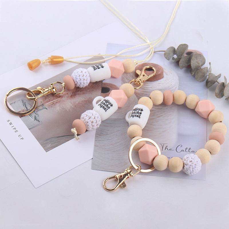 Wholesale Wooden Bead Wrist Pendant DIY Beaded Keychain Ring