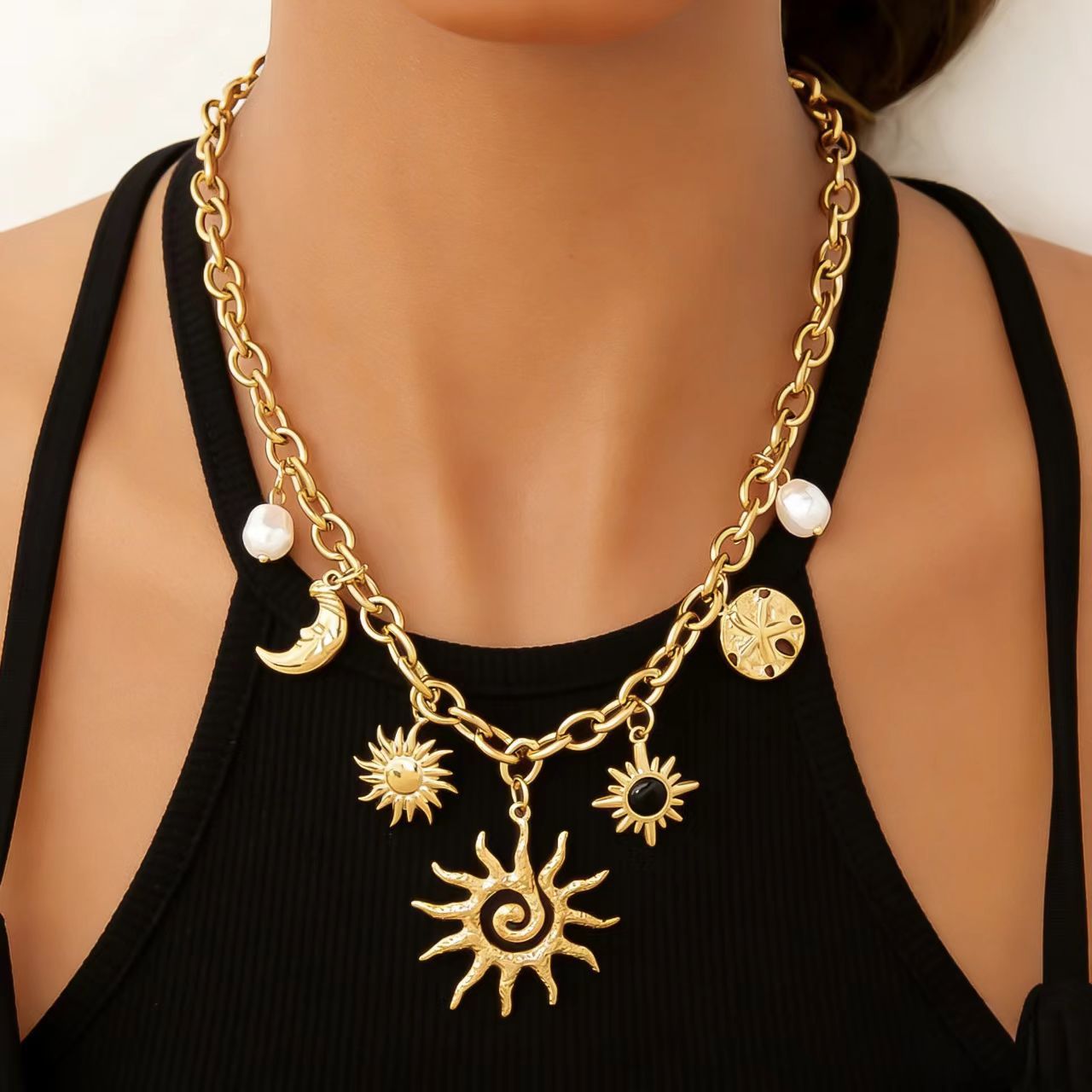 Wholesale Sunflower Sun Moon Gemstone Pearl Pendant Necklace