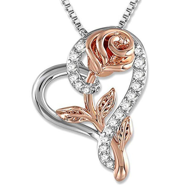 Wholesale Diamond studded heart-shaped rose necklace