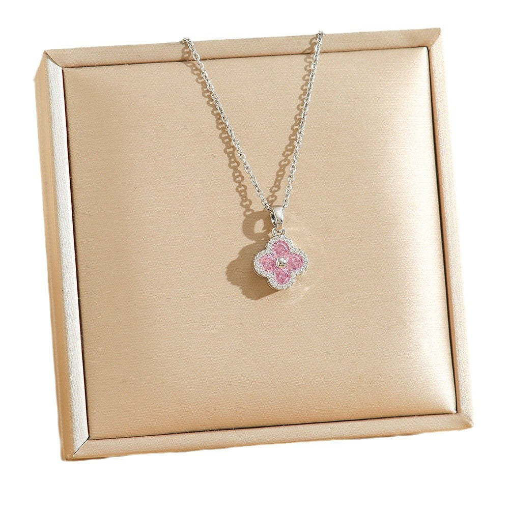 Wholesale Full Diamond Zircon Lucky Color Diamond Clover Titanium steel necklace
