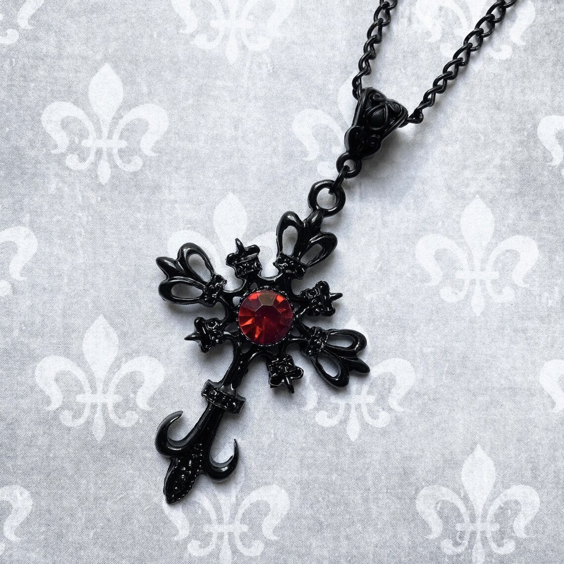 Wholesale Gothic Vintage Ruby Black Cross Necklace