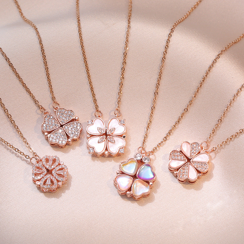 Wholesale heart to heart open and close four leaf flower fashion necklace