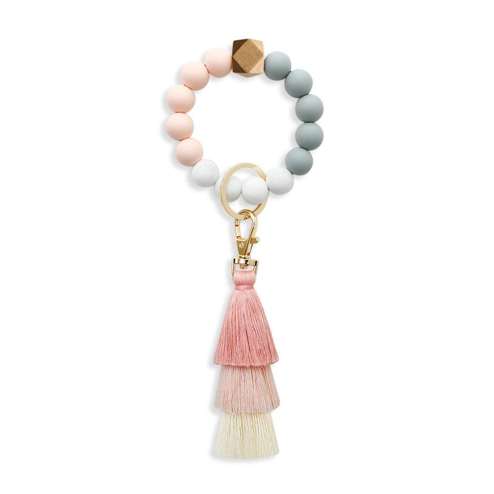 Wholesale Silicone Wrist Handmade Beaded Leather Tassel Bracelet Keychains