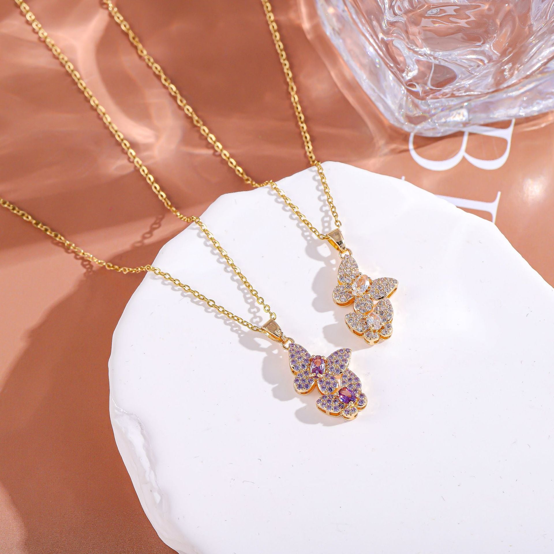 Wholesale fashion jewelry pendant colorful full diamond double butterfly necklace