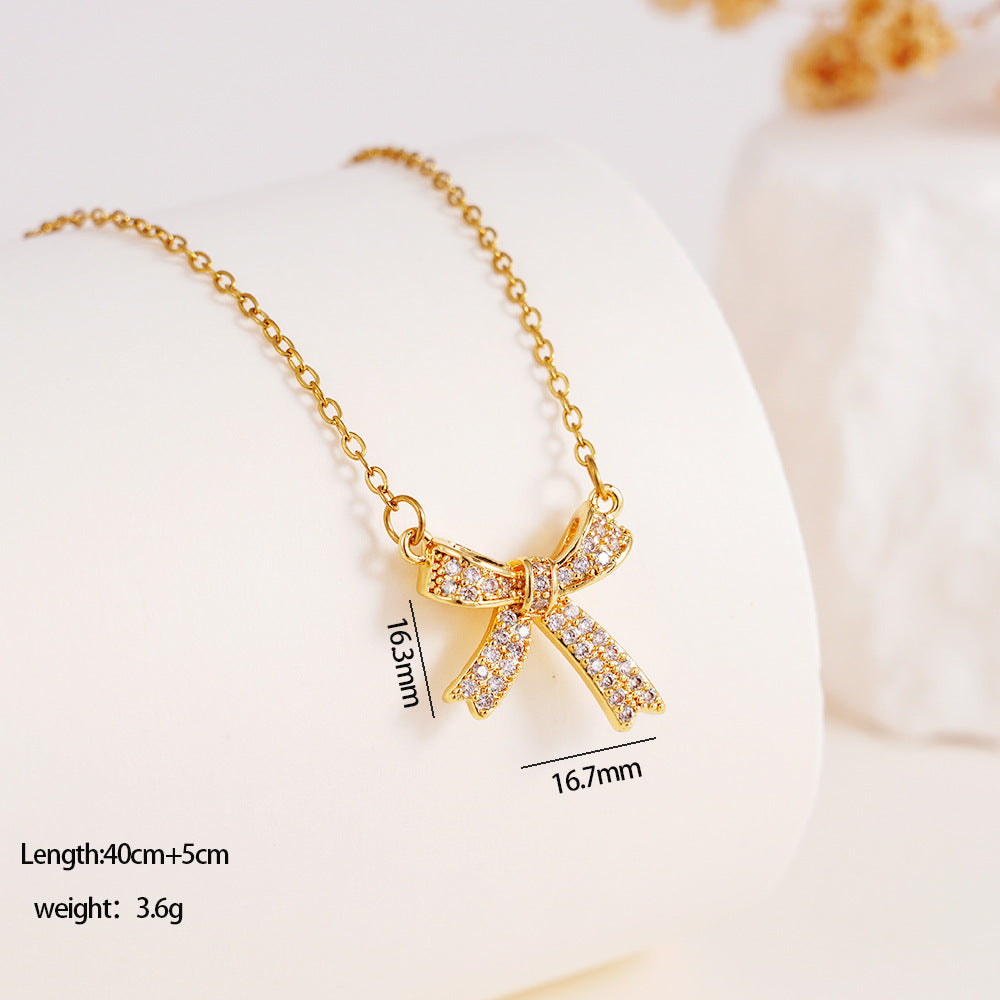Wholesale Copper Inlaid Zircon Bow Pendant Luxury Versatile Stainless Steel Clavicle Necklace Jewelry