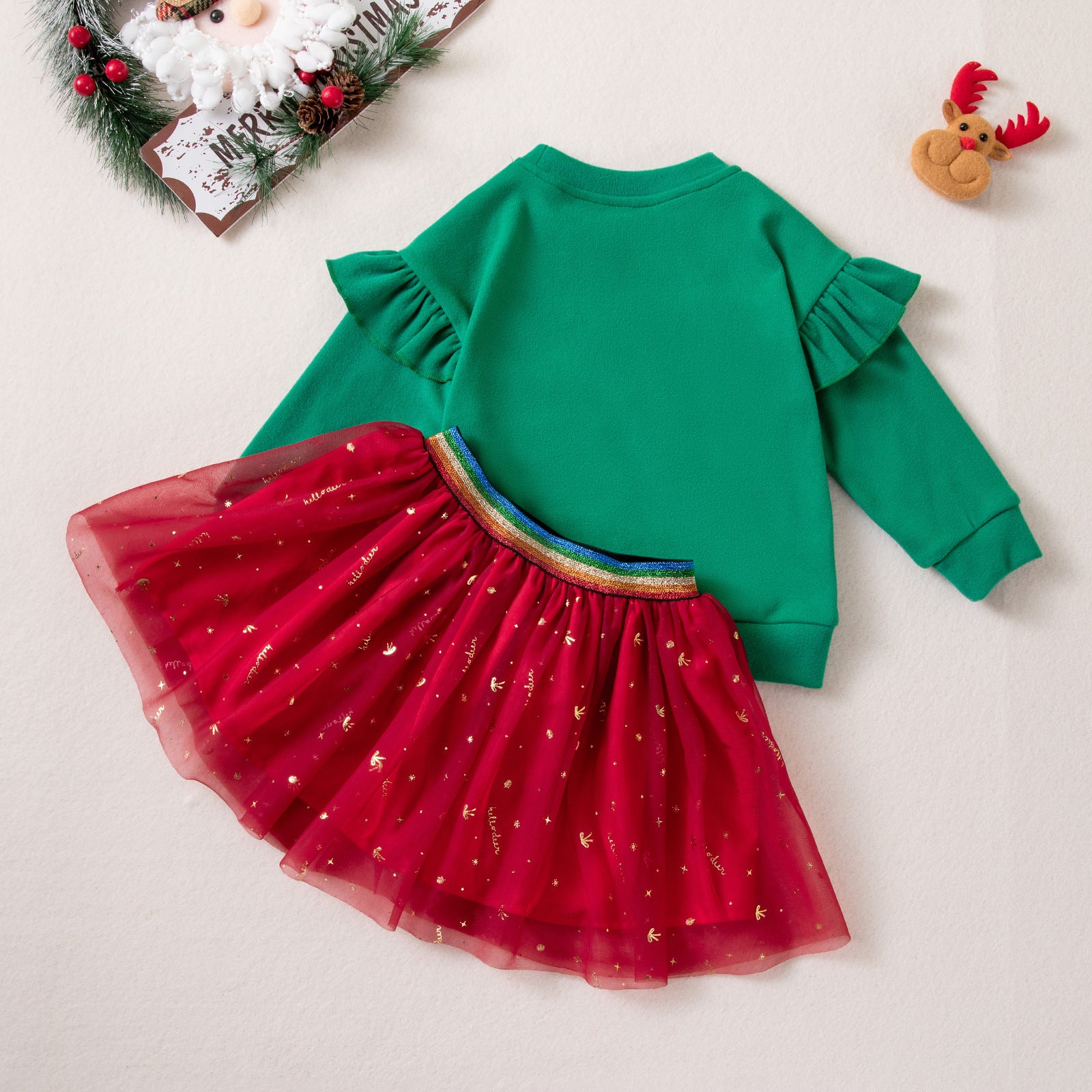 Wholesale Christmas Girls Two Piece Outfit Green Printed Long Sleeve Sweatshirt And Gold Glitter Tulle Skirt Boutique Gift For Resale