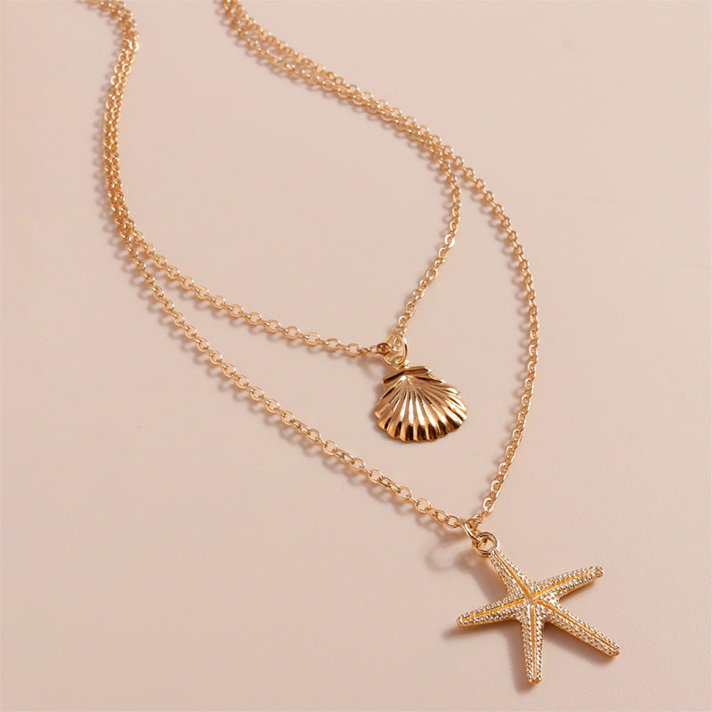 Wholesale Simple beach shell starfish five-pointed star double-layer necklace