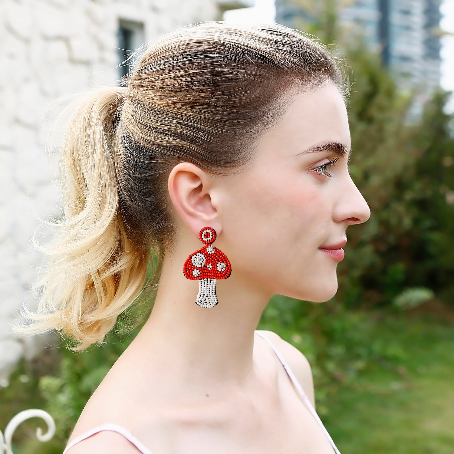 Wholesale Intangible Cultural Heritage Handicraft Plant Mushroom Earrings Handmade  Bohemian Rice Bead Earrings