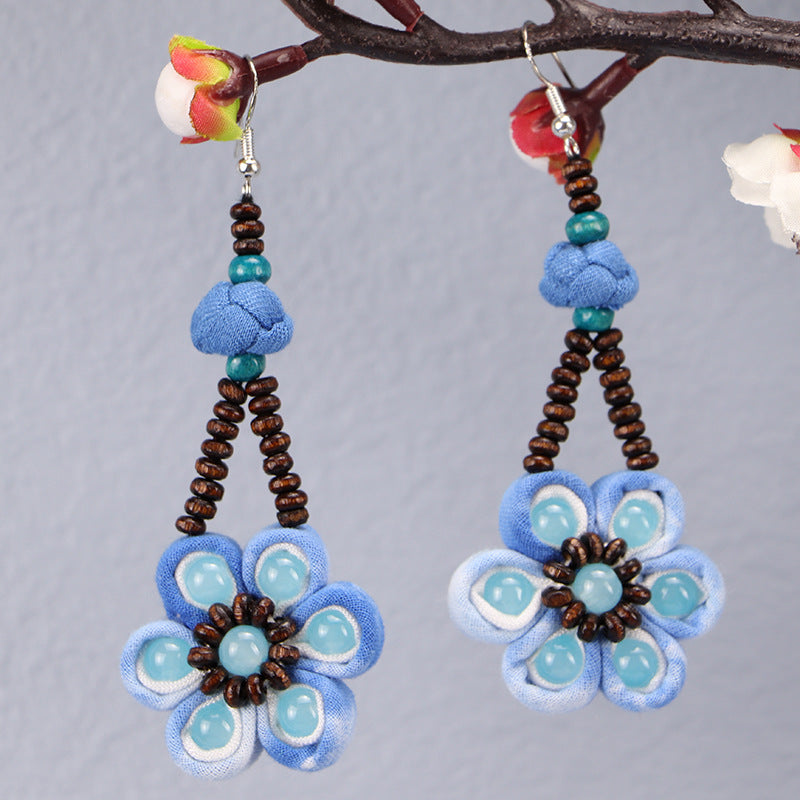 Wholesale Tie-dye blue dye earrings earrings ethnic style buckle flower blue earrings tie-dye earrings