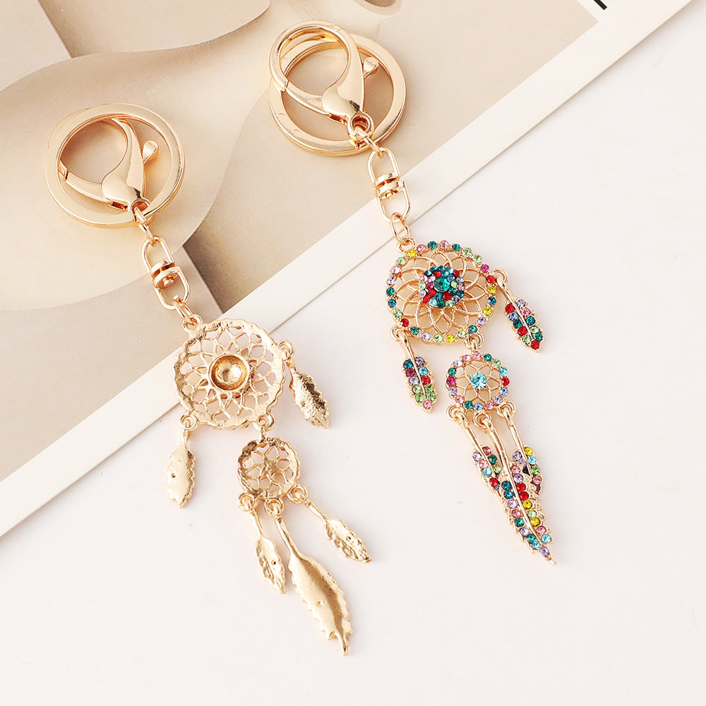 Wholesale Rose gold rhinestone tassel feather dreamcatcher design keychain