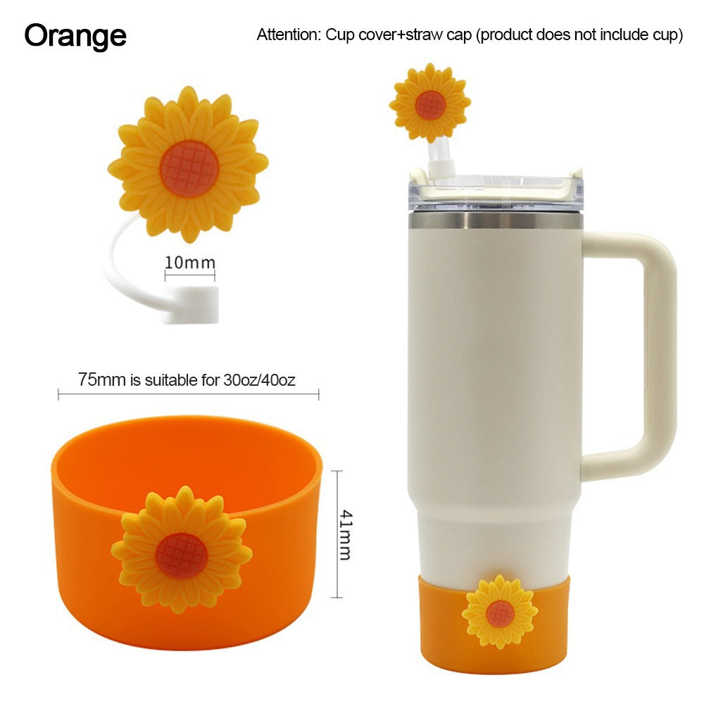 Wholesale Selling silicone insulated cup sleeves flower-decorated cup holders straw caps