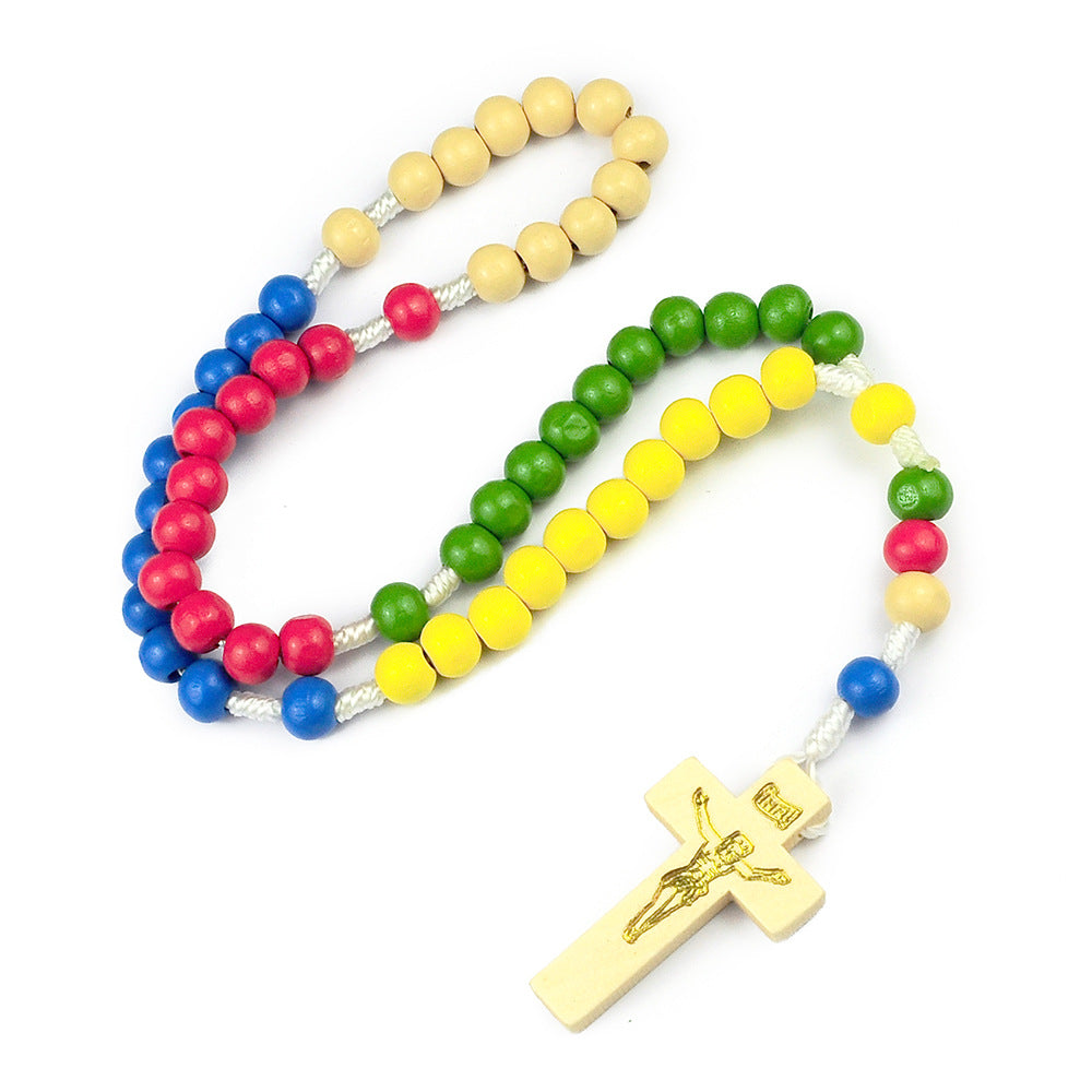 Wholesale Natural Wood Cross Rosary Braided 8mm Wooden Beads Necklace