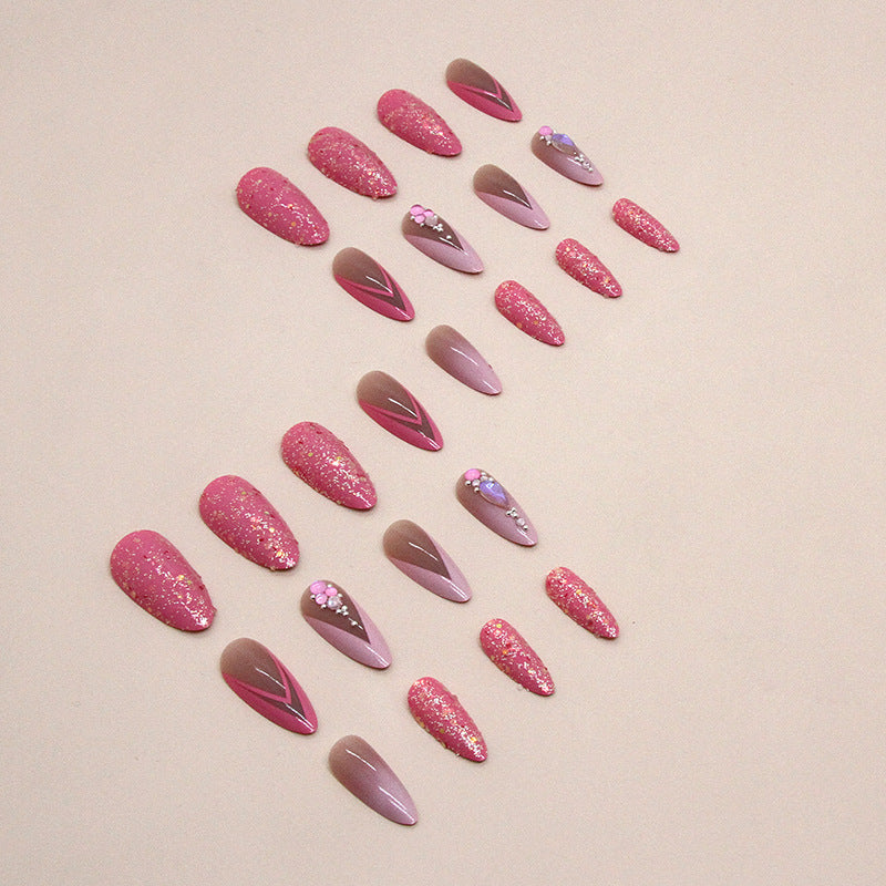 Wholesale Almond nail rose pink double layer French glitter Press-on Nails