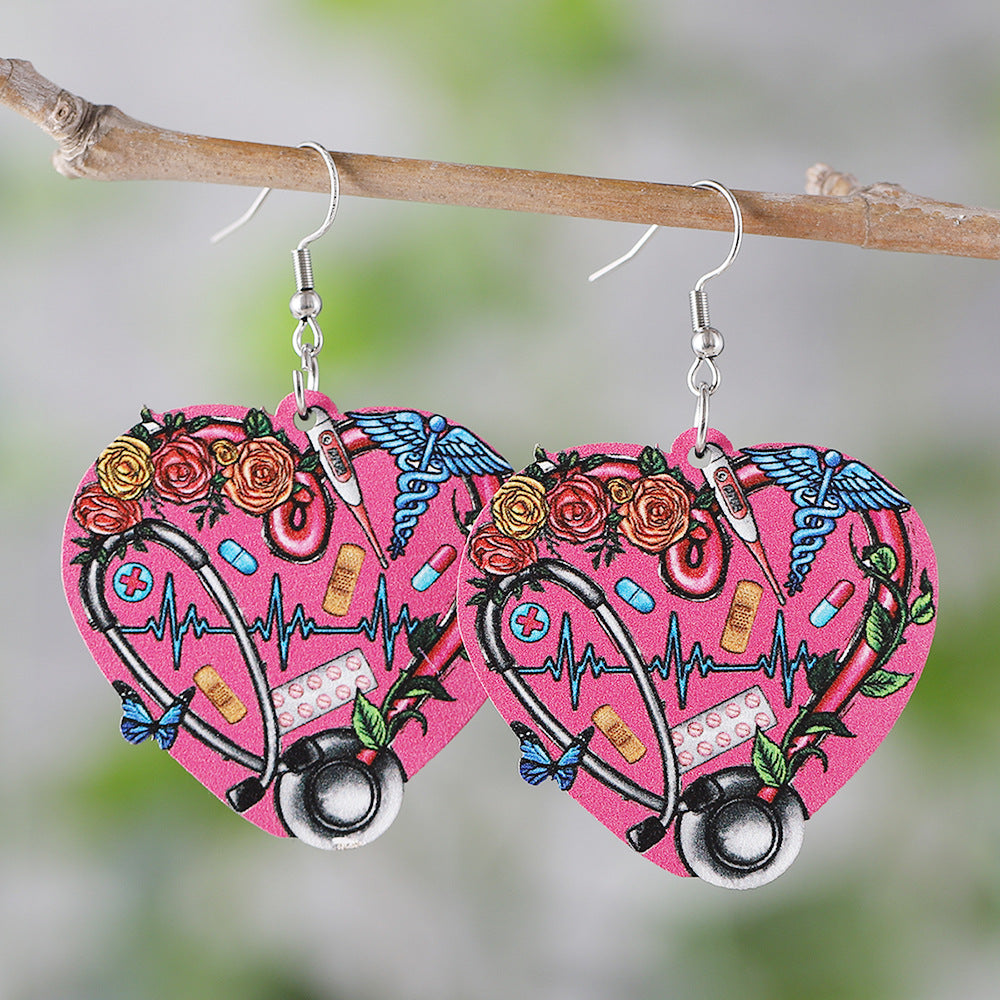 Wholesale Nurse' s Day Stethoscope Flower ECG Heart Pendant Earrings