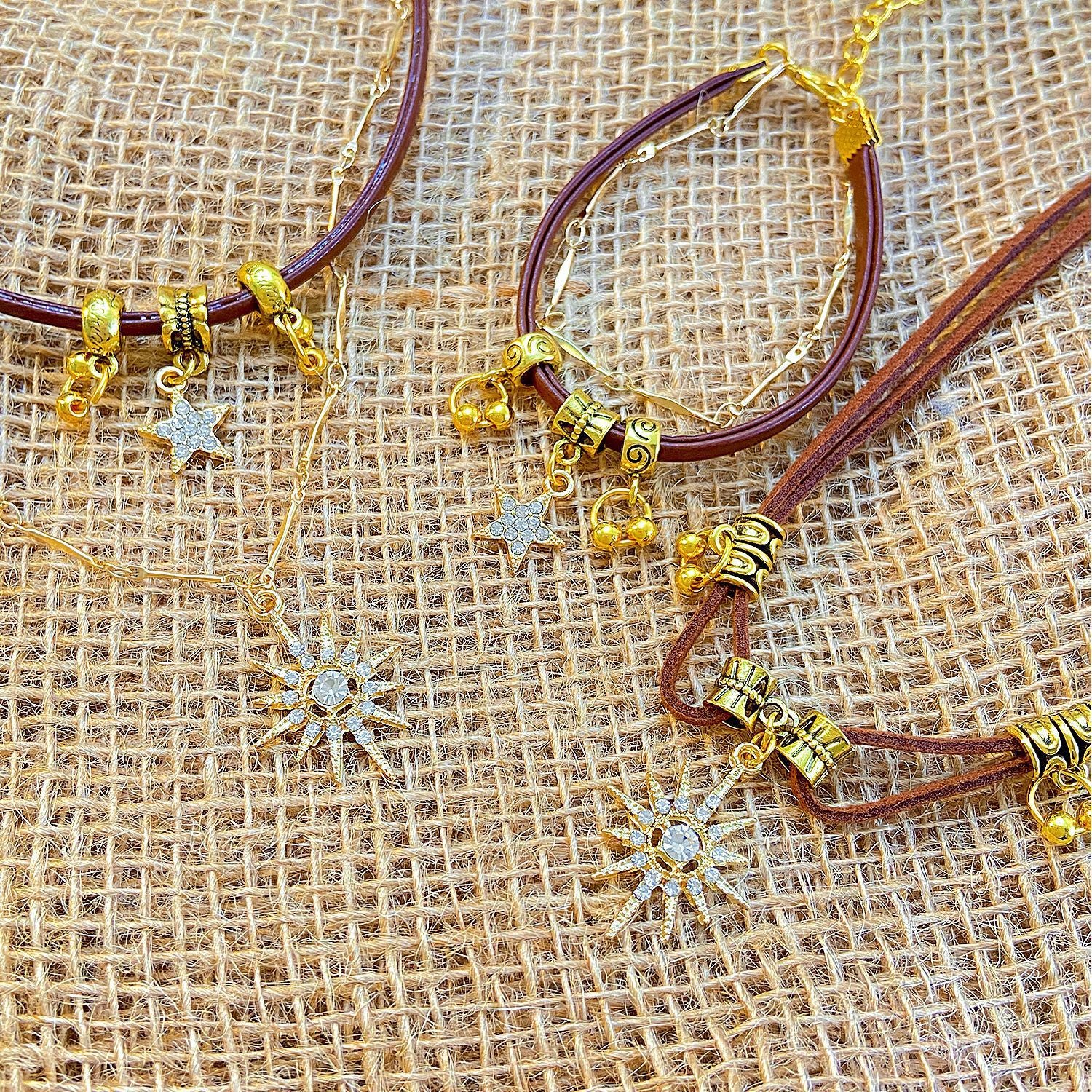 Wholesale Octagonal Star Brown Leather Sun Double Layer Necklace