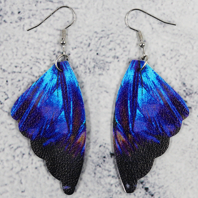 Wholesale Butterfly Leather Bionic Butterfly Wings Pattern Symmetrical Double-Sided Printed Earrings