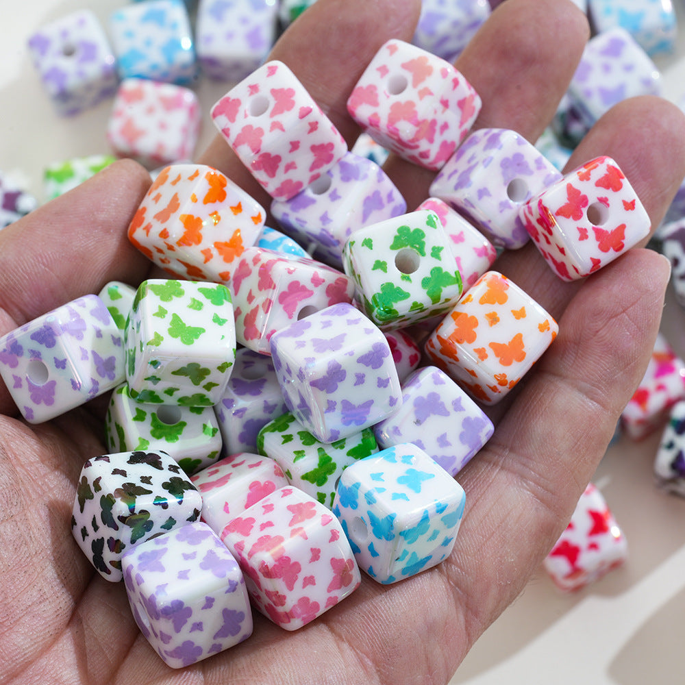 Wholesale 10pcs Acrylic Printing Butterfly UV Square Vertical Hole Beads