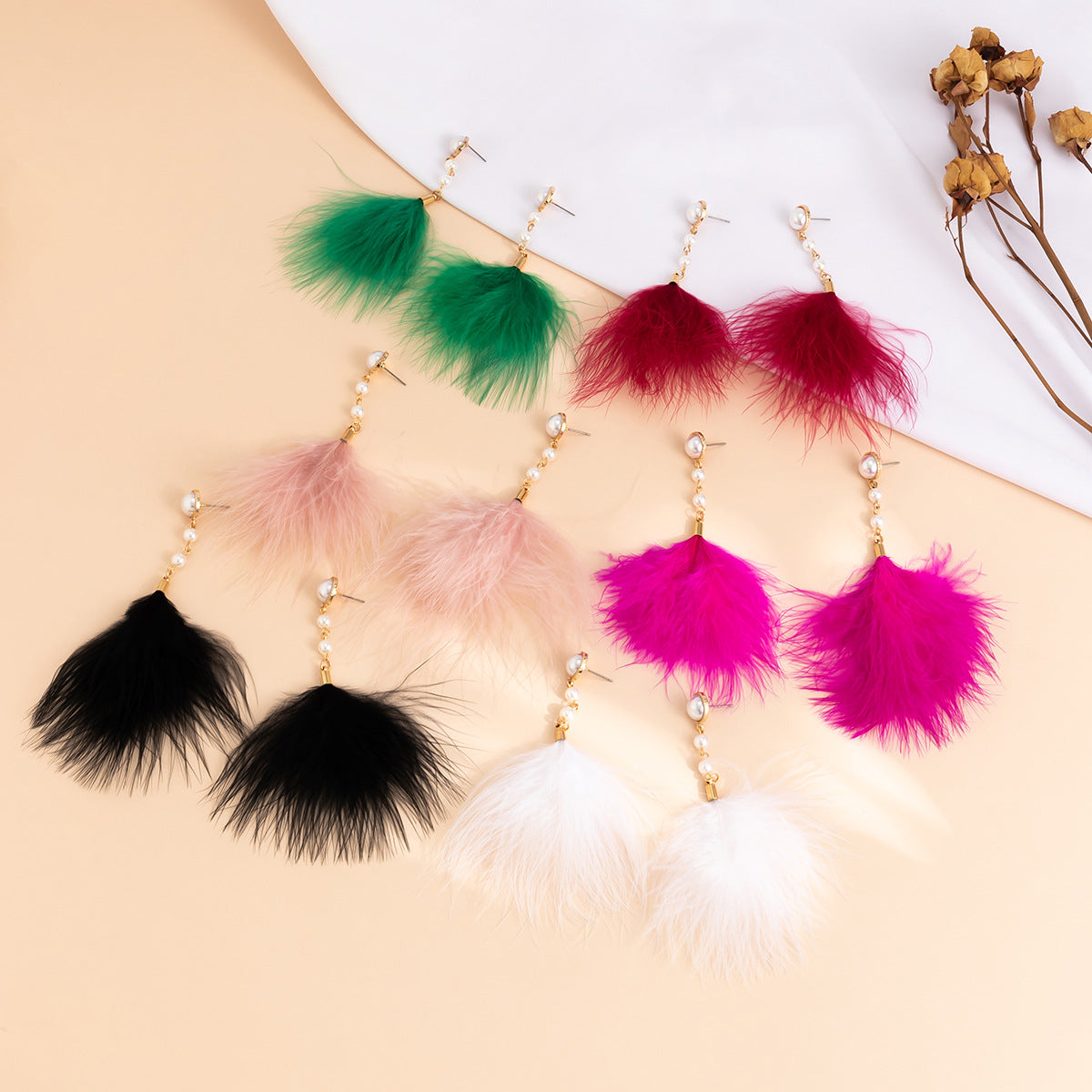 Wholesale Temperament Feather Tassel Imitation Pearl Earrings