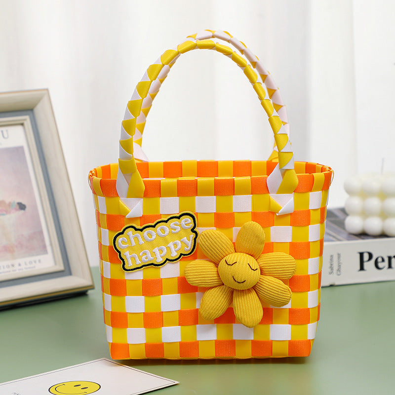 Wholesale Children's flower cute summer beach colorful literary hand-woven handbag