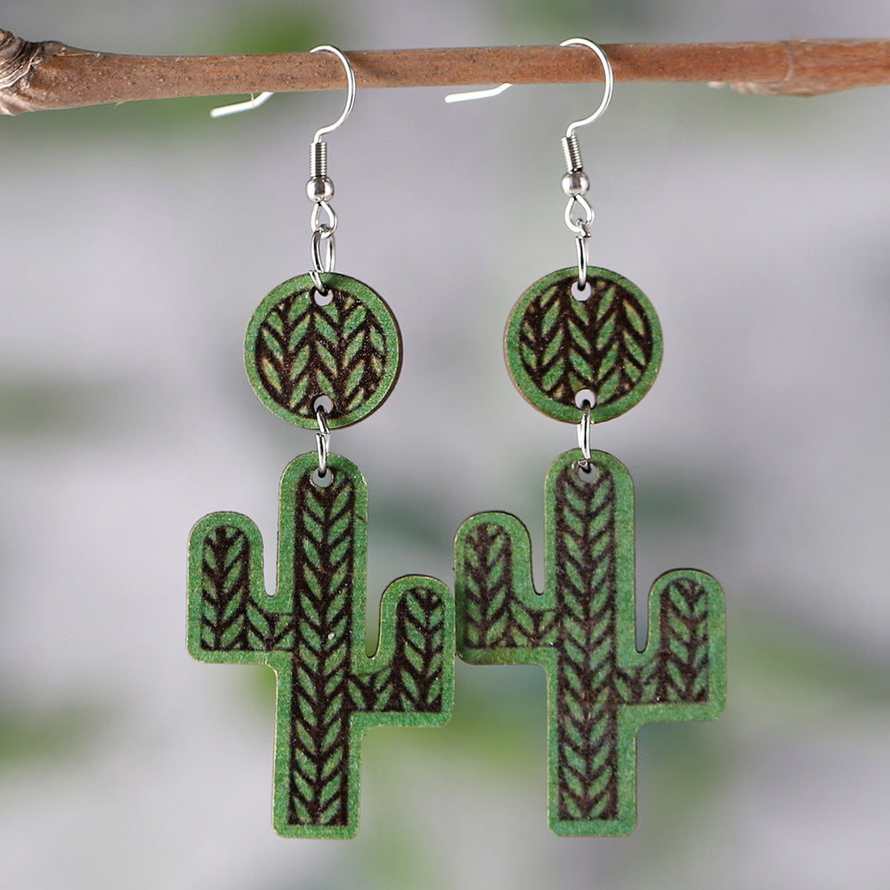 Wholesale Hawaiian Style Tropical Turtle Leaf Cactus Wooden Earrings