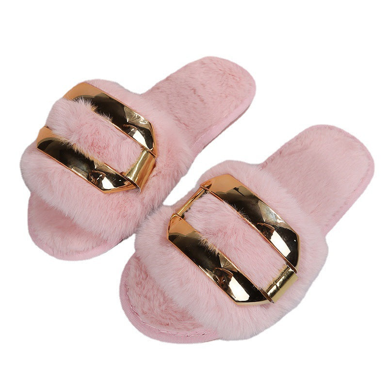 Wholesale Round Toe Metal Buckle Word Cotton Wool Slippers