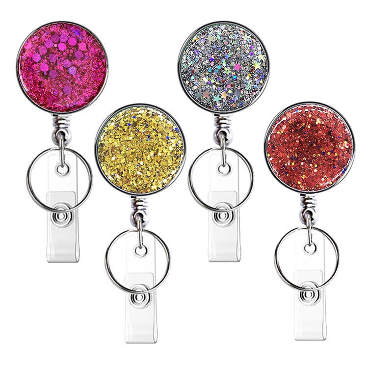 Wholesale Badge Reels UV Electroplated Resin Glitter Sequins Epoxy Badge Reel Retractable Keychain