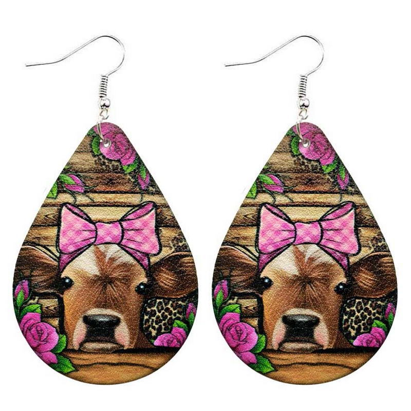 Wholesale Western Style Leopard Print Cow Head Flower Heart Valentine's Day Leather Drop Earrings