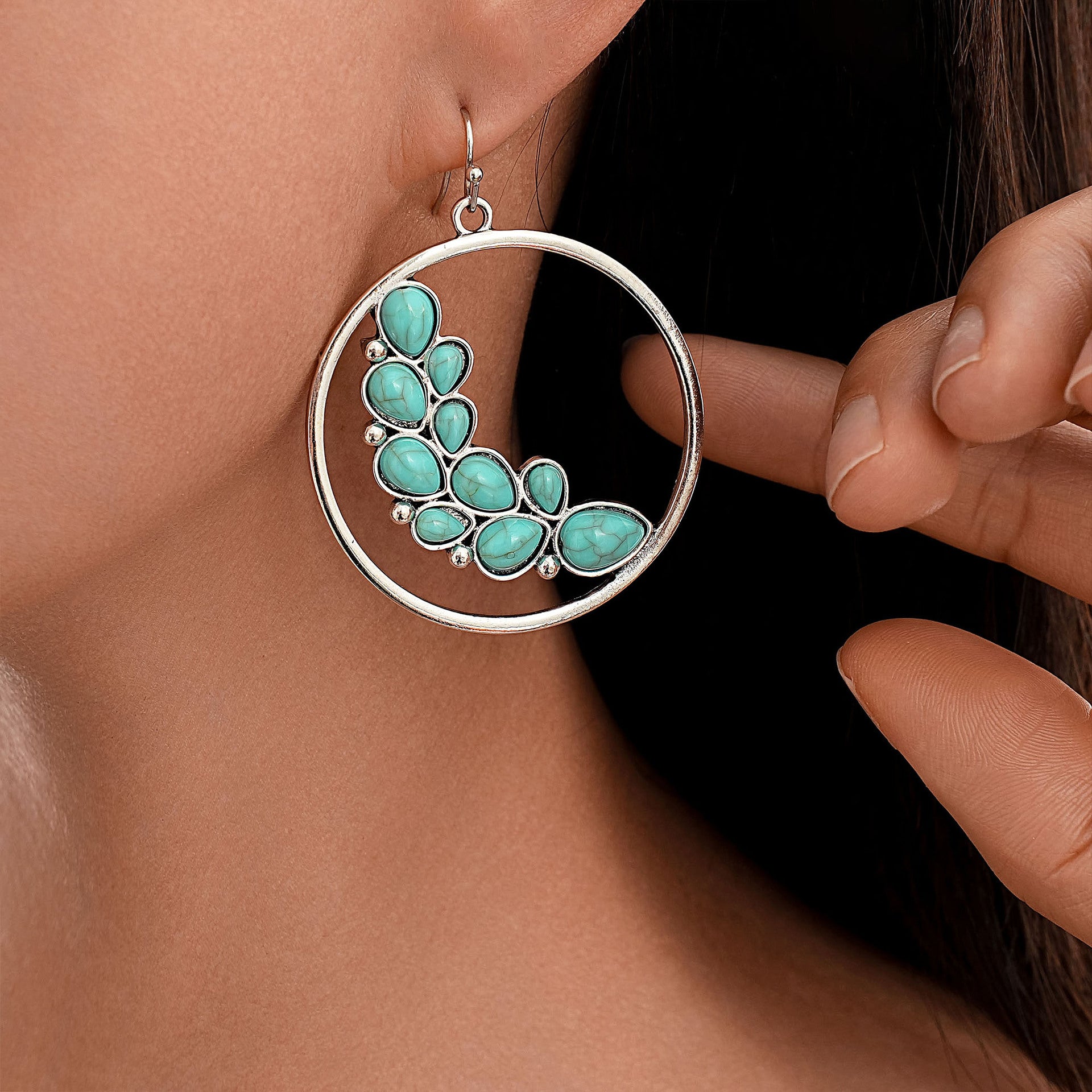 Wholesale Retro exaggerated big circle leaf turquoise earrings