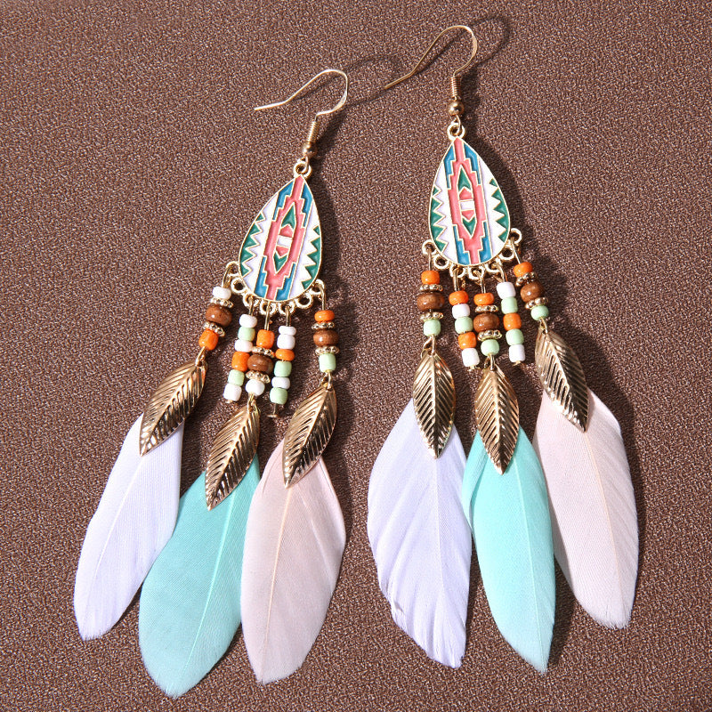 Wholesale Water Drop Tassel Feather Long Bohemian Rice Bead Earrings