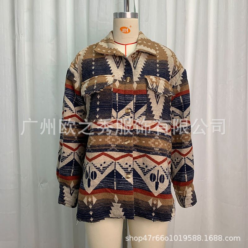 Wholesale European and American Autumn and Winter Jackets, Thickened Retro Aztec Printed Woolen Women Clothes