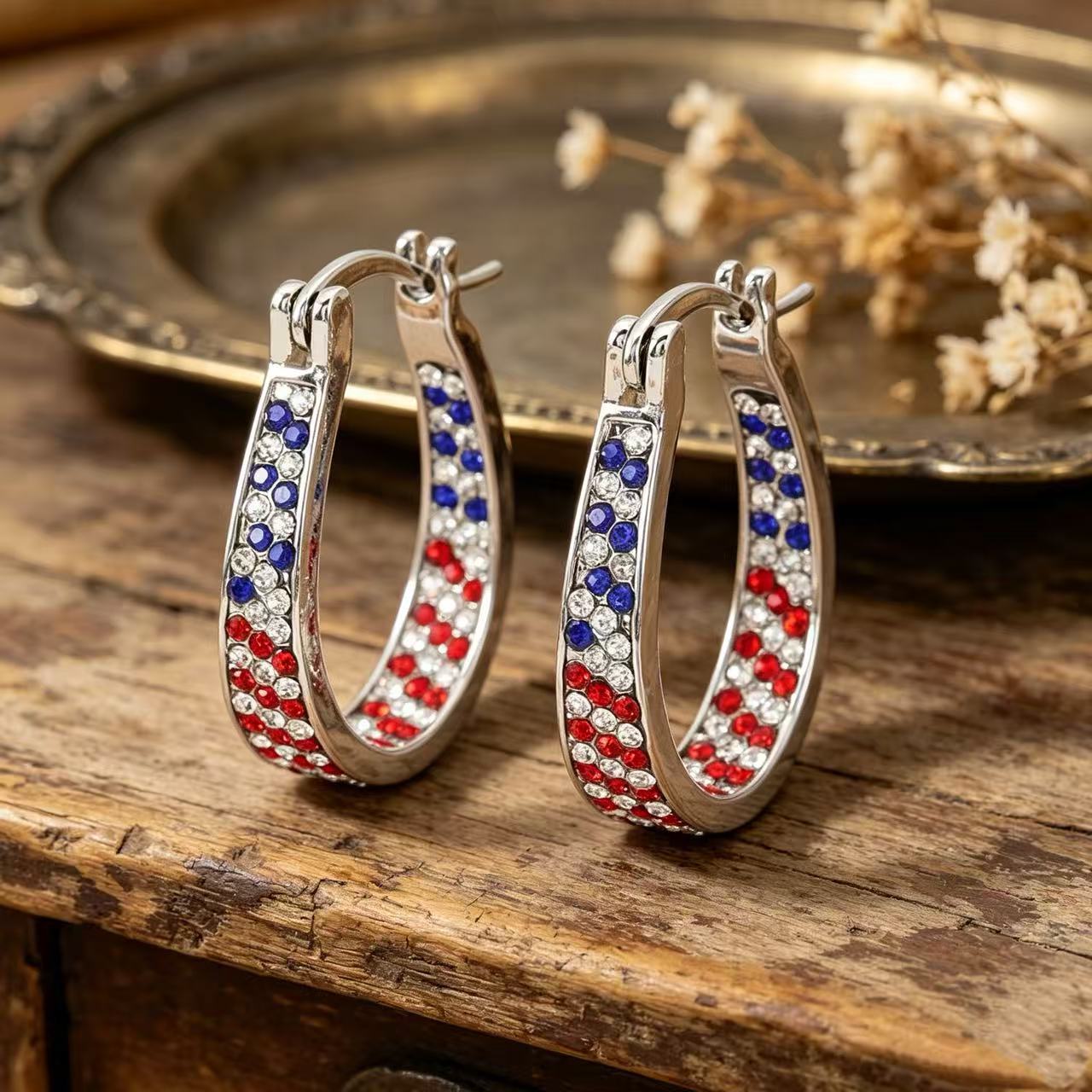 Wholesale Patriotic Star Heart Earrings For Women Red White Blue Rhinestone Alloy Independence Day Fashion Jewelry Accessory Gift