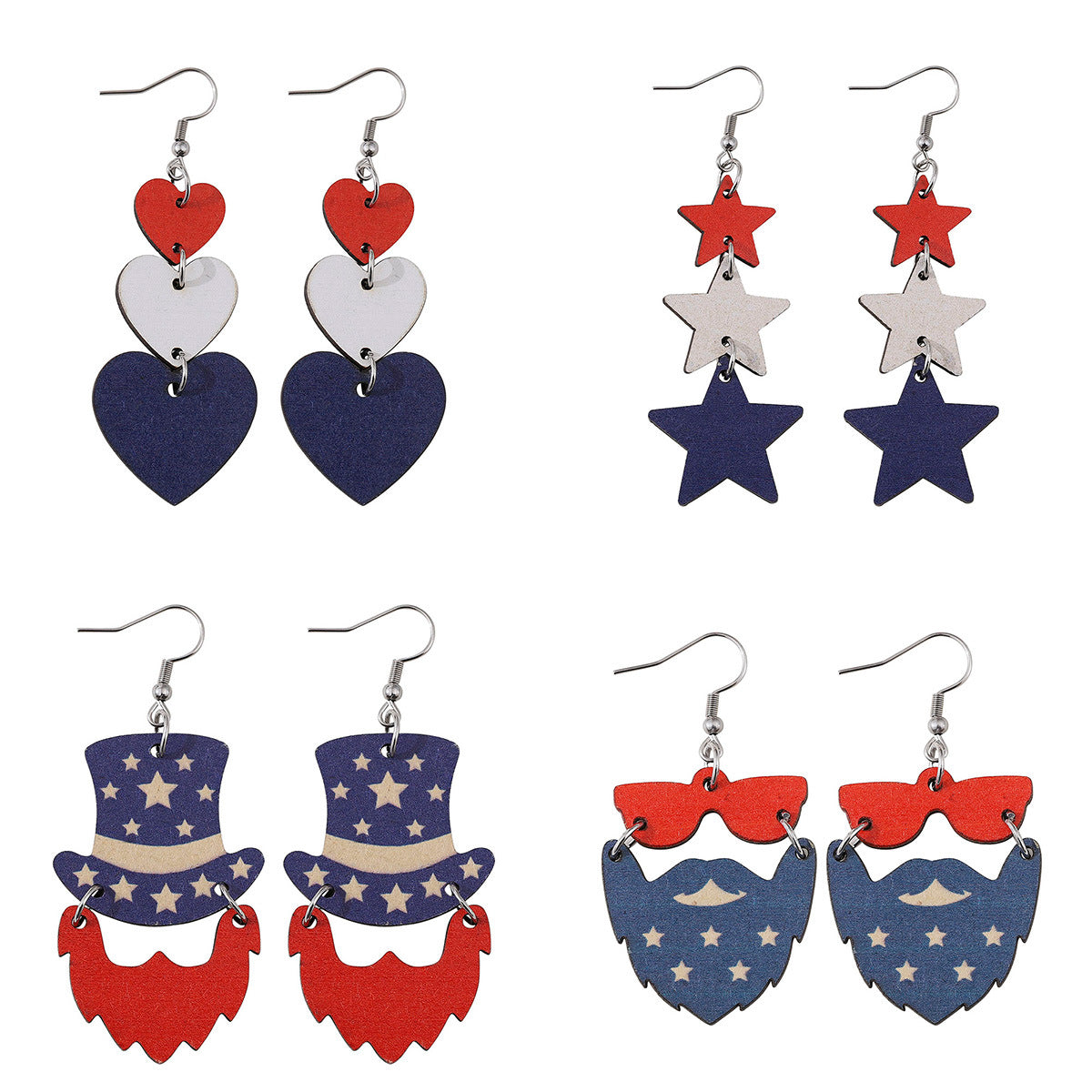 Wholesale Independence Day red White Blue Flag Color Love star wooden earrings