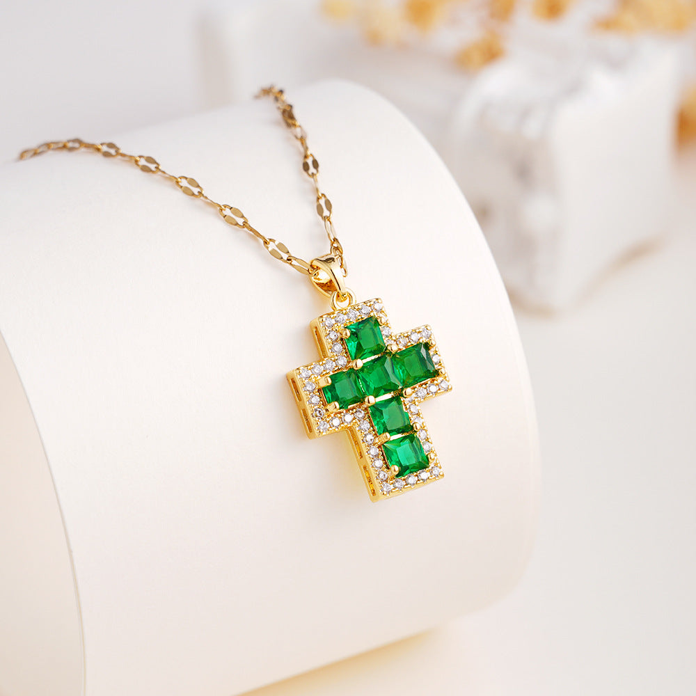 Wholesale copper inlaid colorful zircon cross pendant necklace